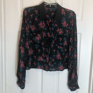 I Heart Ronson Button Down Black Floral Blouse  Size L